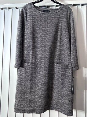 Women's Black Tahari Tweed Shift Dress with Quater Sleeves Size Large NWT